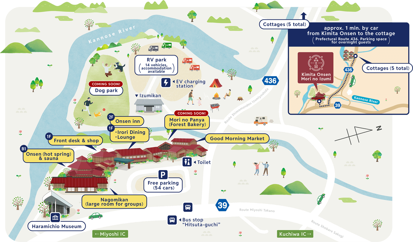 approx. 1 min. by car from Kimita Onsen to the cottage (Prefectural Route 436. Parking space for overnight guests)